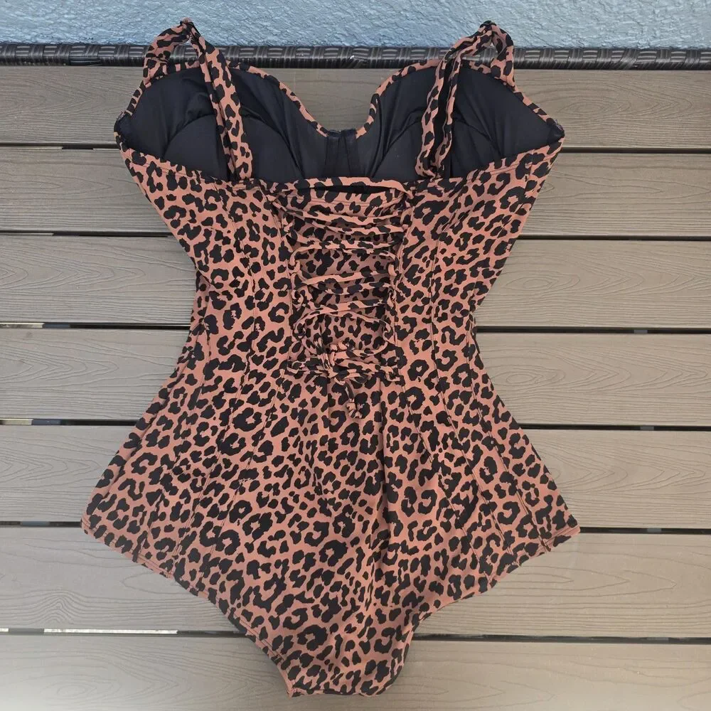 TA3 Lushy Modern Leopard Hipster Short Torso H/I Cup Corset Swim Sz XL New